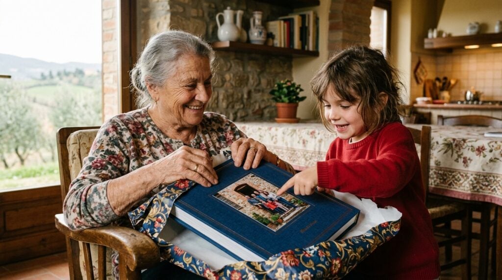 idee regalo festa dei nonni - A warm, sunlit living room in Italy. A smiling, elderly nonna with kind eyes and grey hair is unwrapping a large, beautifully crafted photo book. Her hands, showing age and wisdom, gently hold the book. Her grandchild, a curious and happy 7-year-old, leans in close, pointing at a photo on the cover with excitement. The focus is on their hands and the shared moment of joy over the book. No text is visible on the book cover.