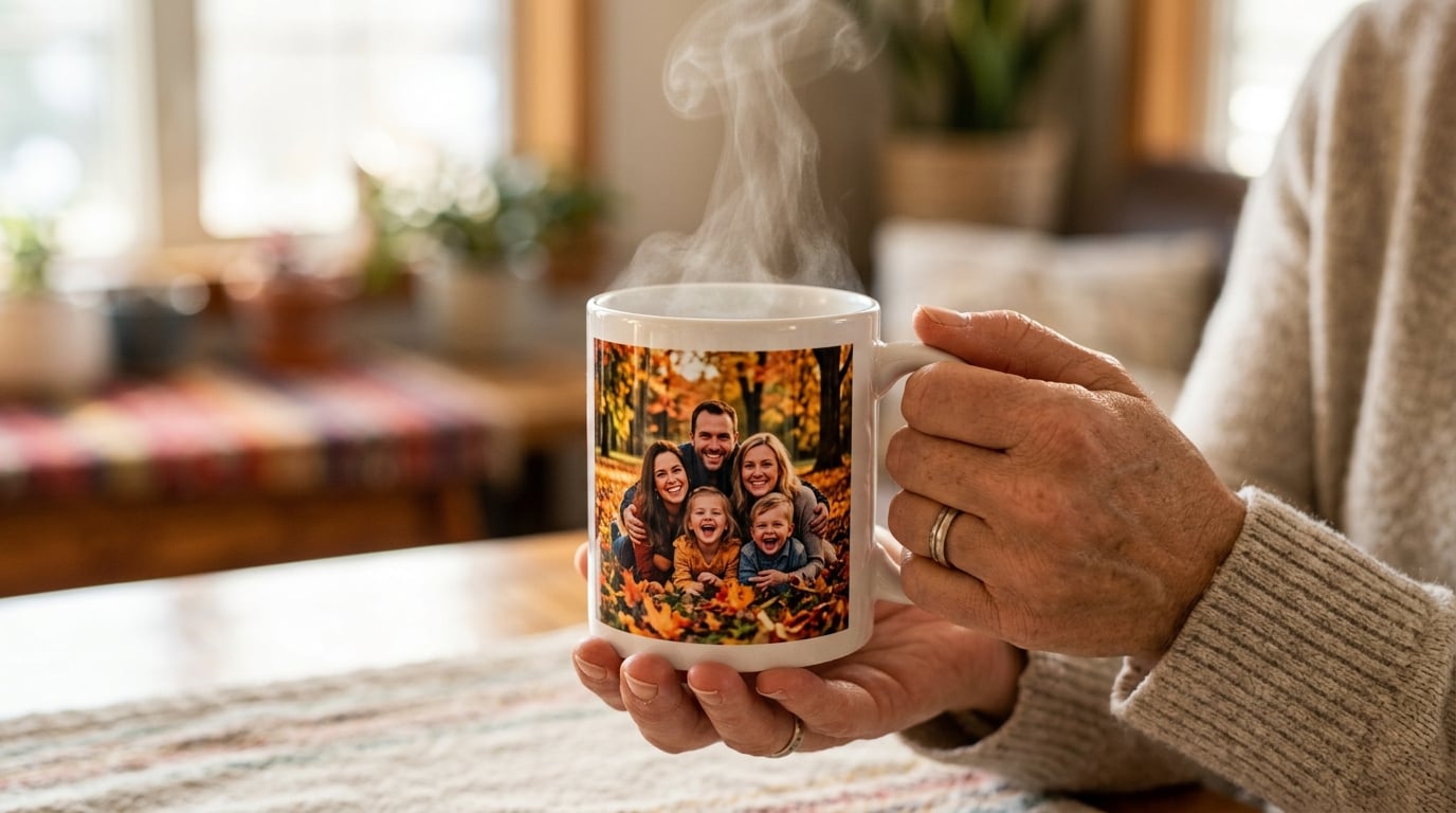 come creare una tazza personalizzata con foto - Una ripresa ravvicinata e calda di un paio di mani che stringono una tazza di ceramica bianca personalizzata. Dalla tazza sale un leggero vapore. Sulla tazza è visibile una foto a colori di una famiglia sorridente in un parco autunnale. Lo sfondo è un accogliente soggiorno sfocato con una luce mattutina soffusa che entra dalla finestra.