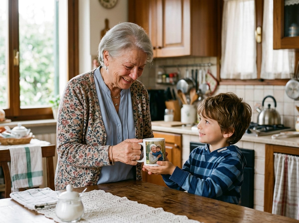 Una nonna con un sorriso commosso guarda una tazza personalizzata che le è appena stata regalata. La foto sulla tazza mostra lei che abbraccia un nipotino. Le mani del nipote sono ancora sulla tazza, nell'atto di porgerla. La scena è ambientata in una cucina luminosa e familiare.