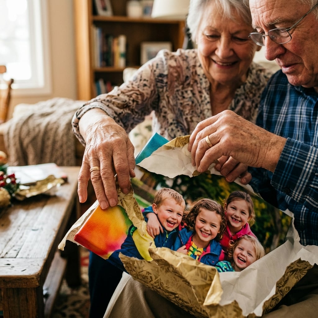 Un primo piano sulle mani di una coppia di nonni che scartano con cura un regalo. Stanno rivelando l'angolo di una vivace stampa su tela che mostra i loro nipoti. I loro volti non sono completamente visibili, ma le loro espressioni tradiscono sorpresa e commozione. L'illuminazione è morbida e calda.