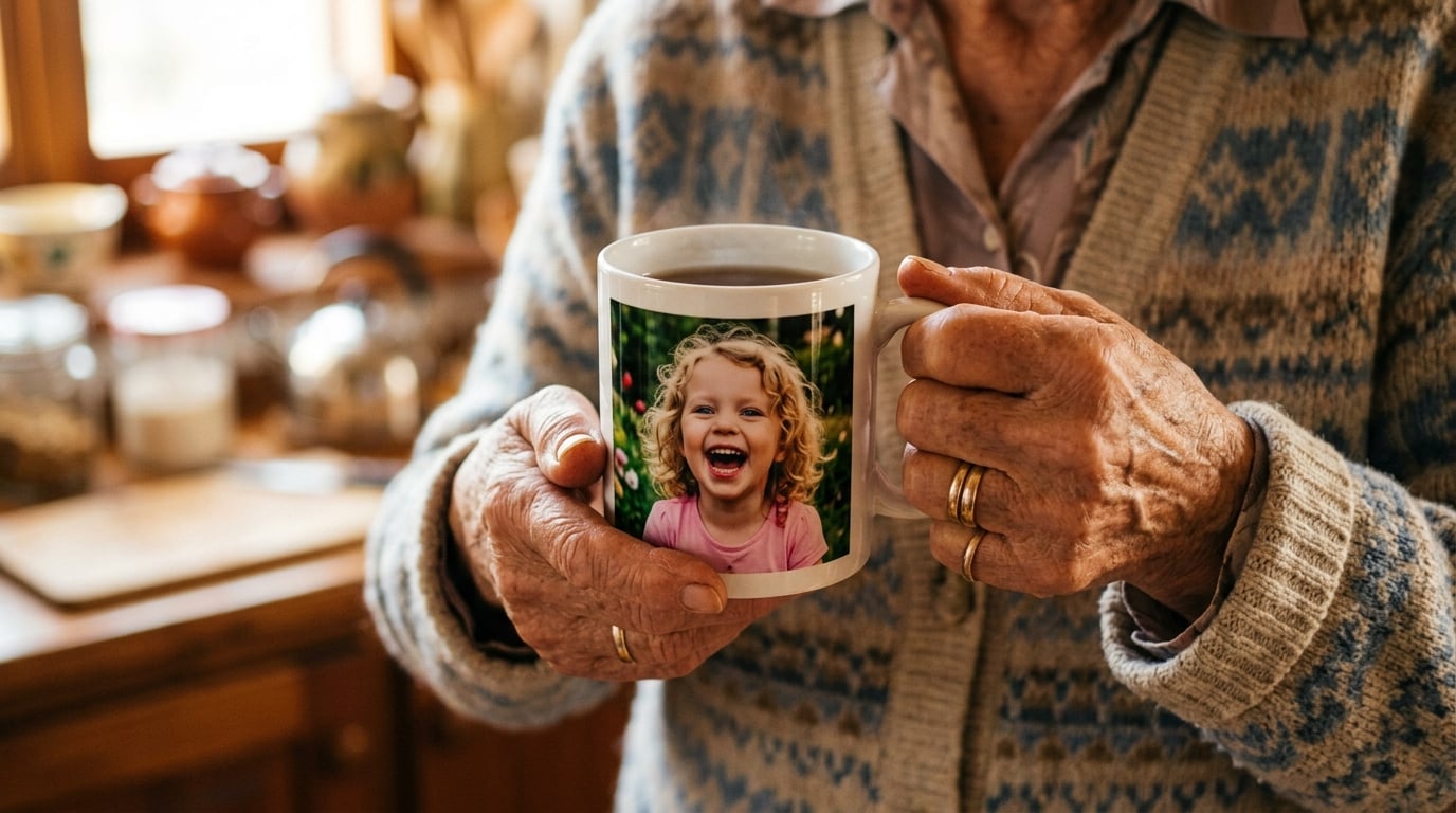 tazza personalizzata per nonni - A close-up shot focusing on an elderly Italian grandmother's hands gently holding a white ceramic mug. The mug features a sharp, colorful photo of her young grandchild laughing. The background is a warm, soft-focus kitchen with morning light. The mood is tender and nostalgic.