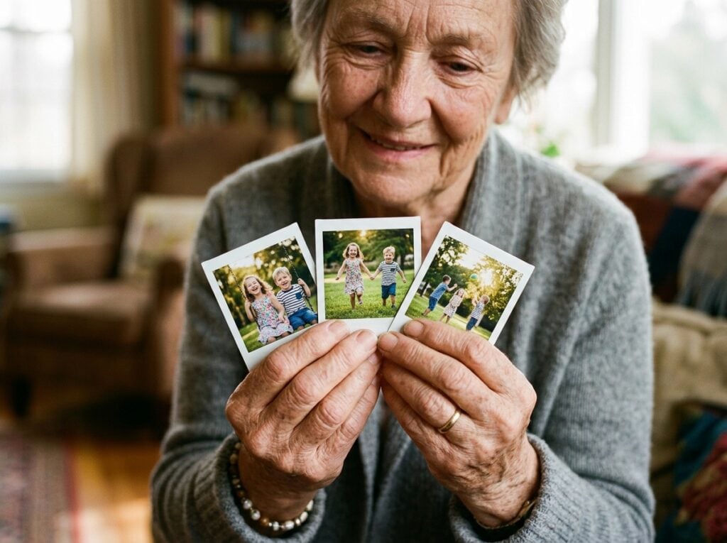 calamite personalizzate con foto - Le mani di una nonna, leggermente rugose, tengono con cura tre calamite personalizzate a forma di Polaroid. Le foto sulle calamite mostrano i suoi due nipotini che giocano in un parco in una giornata di sole. Sul suo viso si legge un'espressione di tenera commozione e gioia. Lo sfondo è sfocato, mettendo in risalto le mani e le calamite.