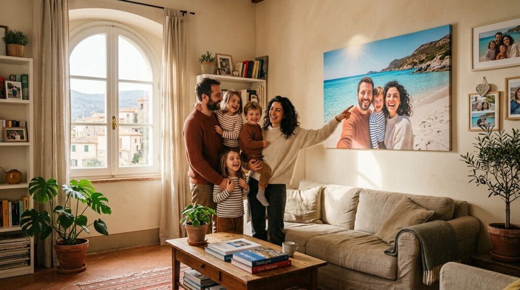 idee poster personalizzati famiglia - Un luminoso e accogliente salotto italiano, una giovane famiglia italiana (genitori e due bambini piccoli) sorride guardando una grande stampa su tela appesa alla parete. La stampa mostra una loro foto felice su una spiaggia della Sardegna durante l'estate. Luce naturale e calda, stile editoriale.