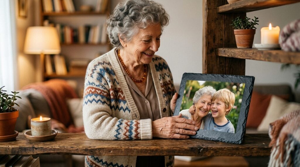 stampa foto su ardesia - Una nonna con le mani delicatamente appoggiate su una L'Ardesia Fotografica posata su una mensola di legno. La foto sull'ardesia mostra un ritratto felice di lei con il suo nipotino. L'illuminazione è calda e soffusa, creando un'atmosfera intima e affettuosa in un accogliente salotto.