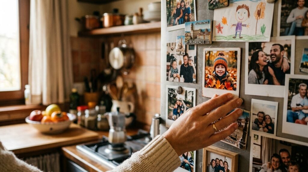 calamite polaroid personalizzate - Una calda e accogliente scena in una cucina italiana. La mano di una madre posiziona delicatamente un magnete in stile Polaroid sul frigorifero. Il magnete mostra un bambino sorridente di 6 anni con un cappello di lana, circondato da foglie autunnali. Sul frigo ci sono già altre foto di famiglia. Luce morbida e naturale del mattino.