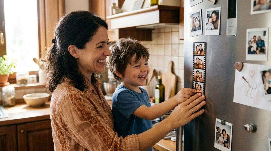 calamite personalizzate con foto - Una calda e soleggiata cucina italiana. Una madre e il suo bambino di circa 5 anni ridono insieme mentre posizionano una striscia magnetica personalizzata stile fototessera su un moderno frigorifero in acciaio inossidabile. Sul frigo ci sono già alcune altre foto di famiglia. Il focus è sulle loro mani e sul felice momento di connessione. Illuminazione morbida e naturale.