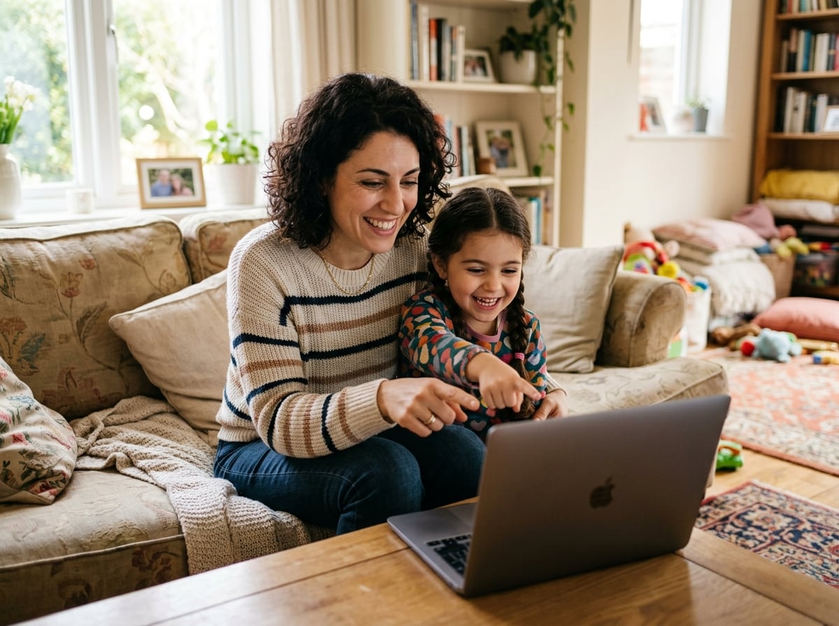 A young Italian mother and her 5-year-old child are sitting on a sofa, looking at a laptop together. They are pointing at the screen and smiling, clearly in the process of choosing a photo. The laptop screen is angled away from the camera to be unreadable. The scene is bright, happy, and domestic.