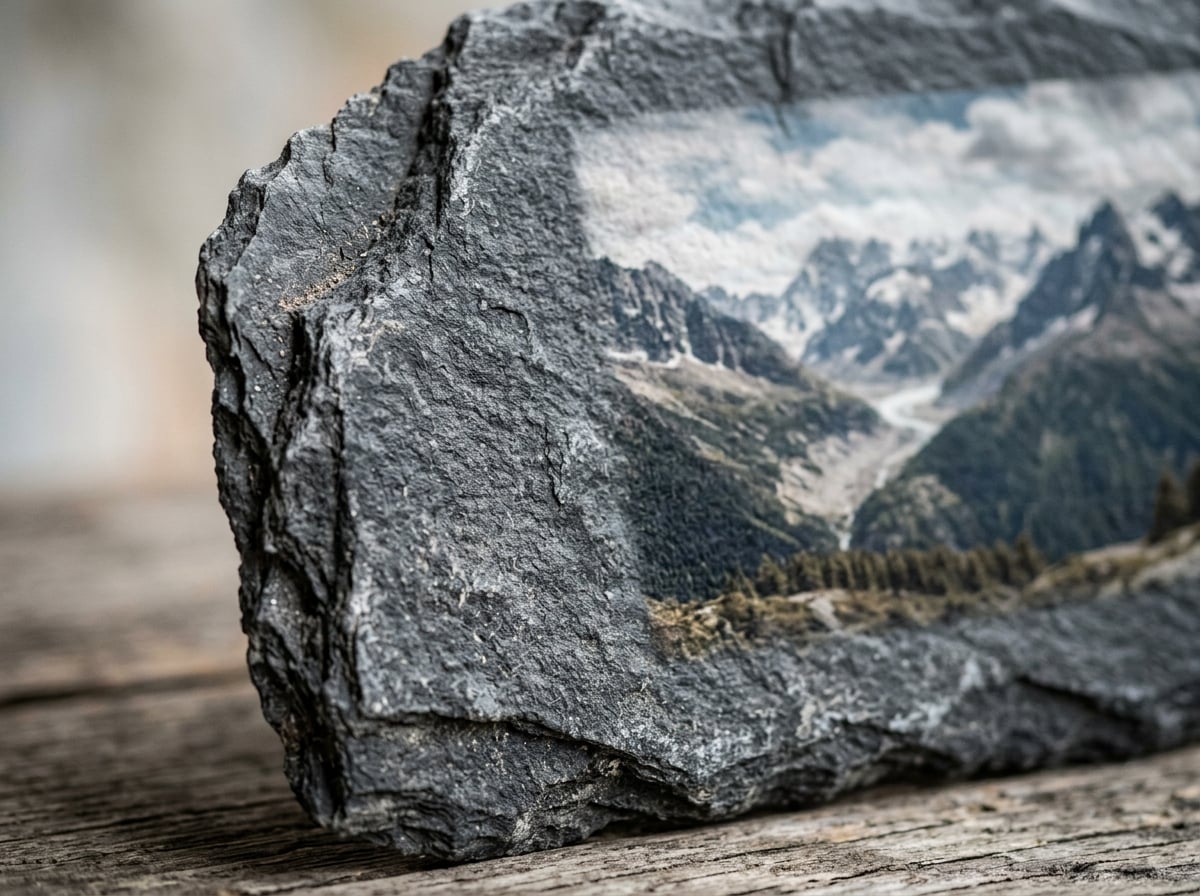 Un primo piano macro che cattura la texture naturale e i bordi irregolari e sbeccati di una L'Ardesia Fotografica. La messa a fuoco è sulla pietra stessa, mentre l'immagine stampata di un paesaggio di montagna è leggermente sfocata sullo sfondo, evidenziando la materialità del prodotto.