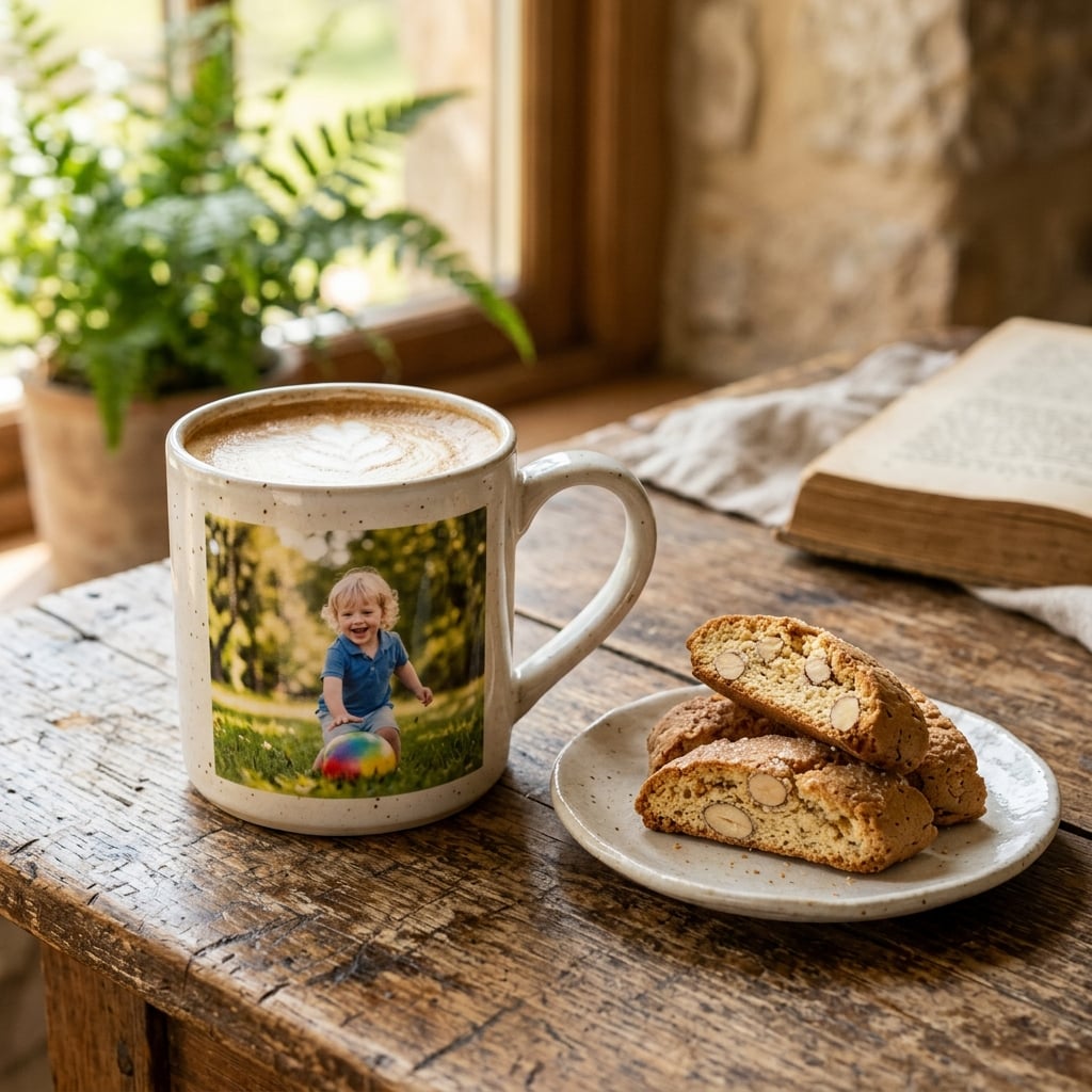 An elegantly composed still life photo. A finished personalized mug sits on a rustic wooden table next to a small plate with a few cantucci biscuits. The photo on the mug is a candid shot of a child playing happily in a sunny park. The lighting is soft and natural.