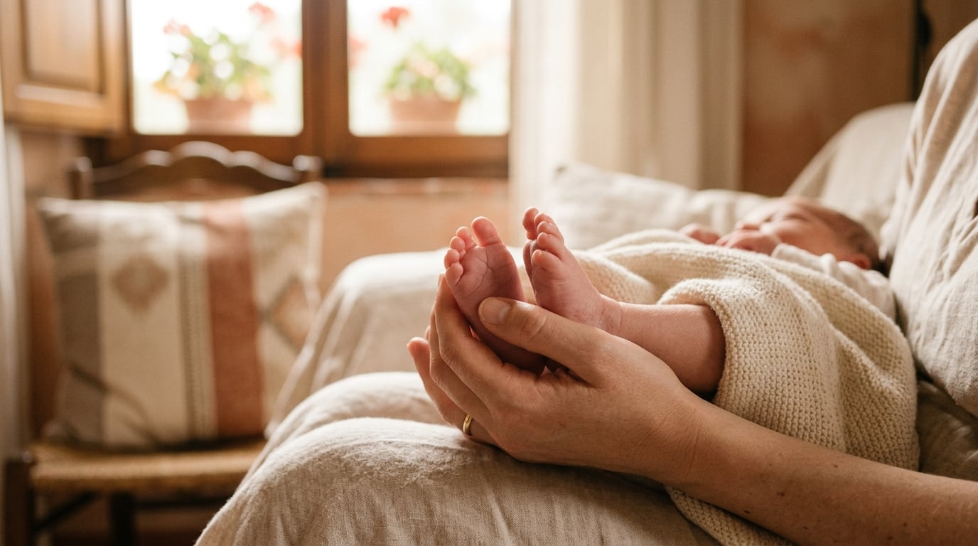 stampa su tela neonato - Un primo piano soft-focus dei piedini di un neonato, tenuti delicatamente tra le mani di un genitore. Lo sfondo è una stanza calda e illuminata dal sole in un'accogliente casa italiana, con tessuti morbidi dai toni neutri. L'atmosfera è tenera, pacifica e piena d'amore.