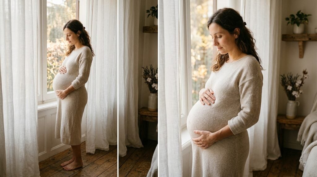 fotolibro gravidanza idee - Una donna italiana incinta alla 40ª settimana, in piedi accanto a una finestra con tende di lino bianco, la luce del mattino illumina dolcemente il suo viso e il pancione. È serena e pensierosa, con le mani appoggiate delicatamente sulla pancia. L'atmosfera è calma e piena di attesa. Stile editoriale, colori caldi e tenui.