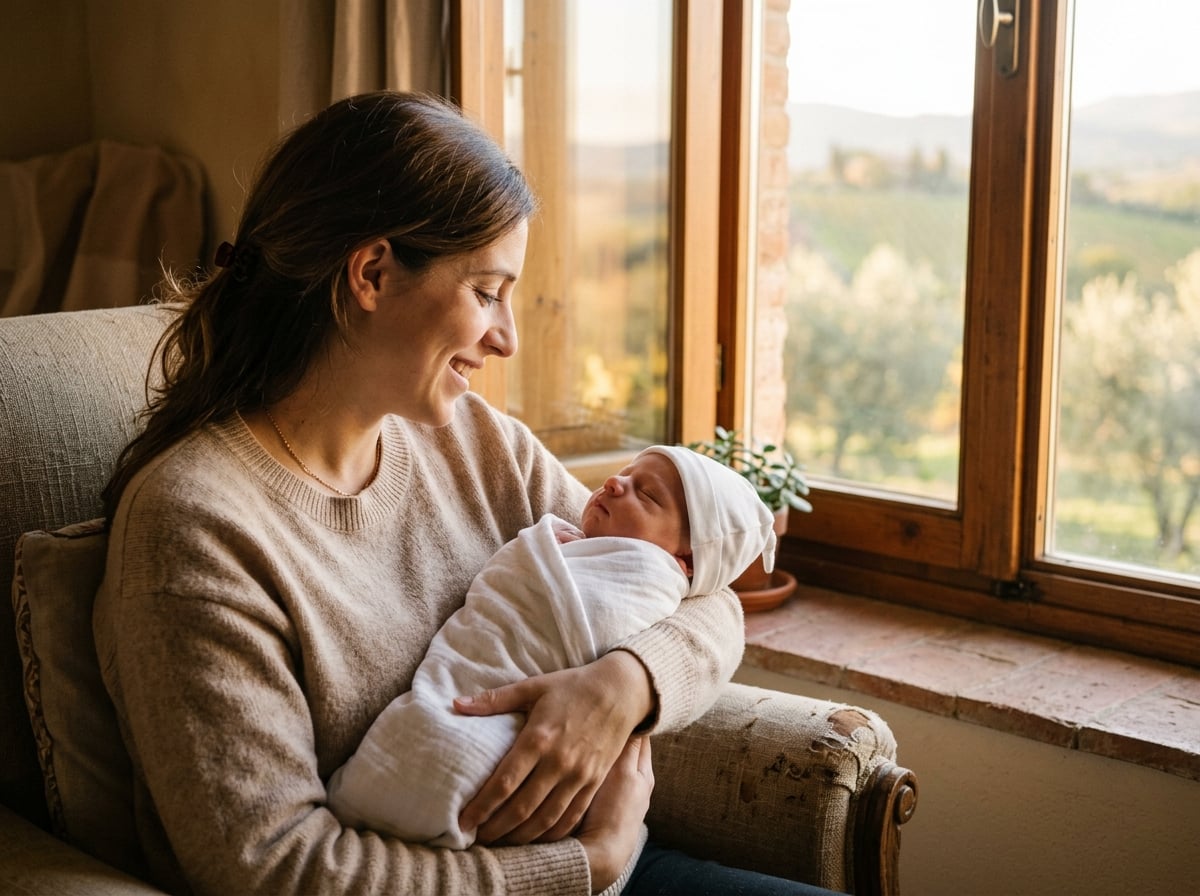 Una giovane madre italiana, vista di profilo, sorride al suo bambino appena nato cullato tra le sue braccia. Sono seduti vicino a una grande finestra da cui entra una luce soffusa e dorata, che li illumina magnificamente. Il focus è sulla connessione intima e sulla qualità della luce naturale.