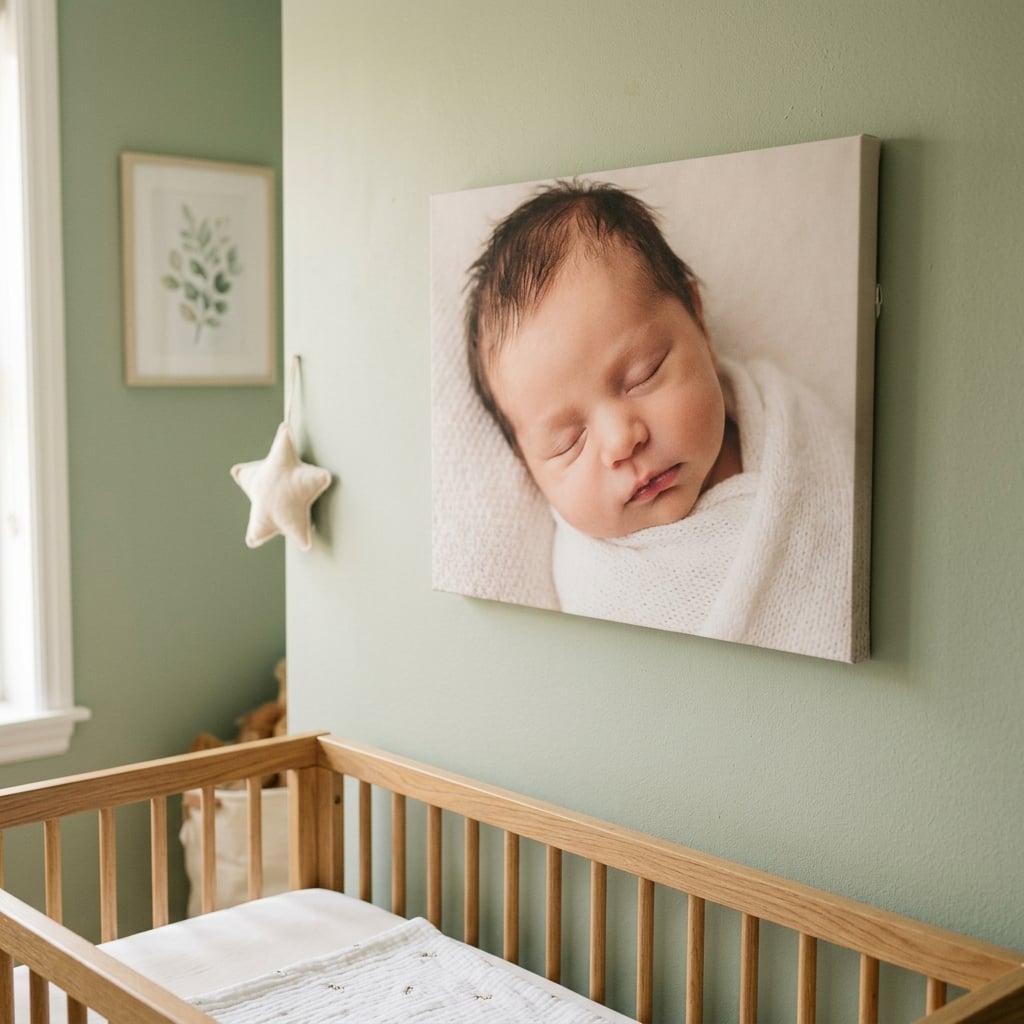 Una stampa su tela ben realizzata del viso di un neonato che dorme, appesa a una parete della cameretta decorata con gusto. La parete è di un tenue color verde salvia. Sotto la tela è visibile l'angolo di una culla in legno. L'illuminazione è soffusa e naturale, creando un'atmosfera serena e amorevole.