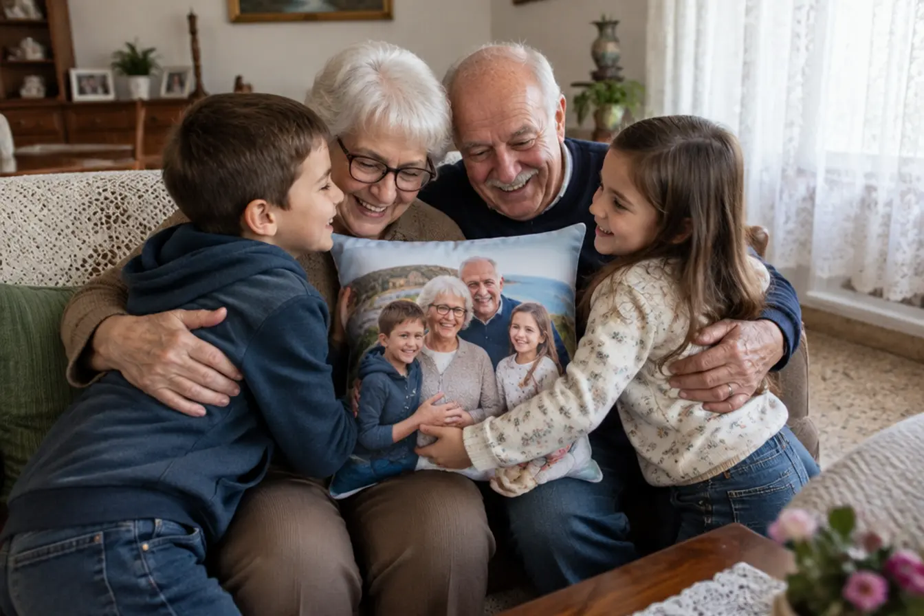 Nonna e nonno abbracciano i nipoti con un cuscino fotografico