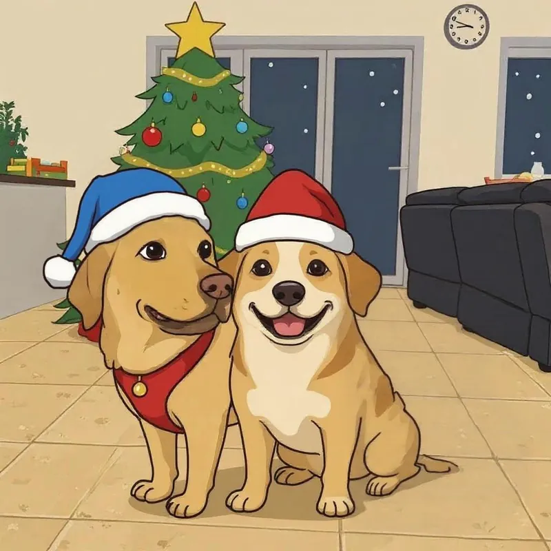 La stessa illustrazione con due cani: il terzo è sparito e un cappello ora è blu