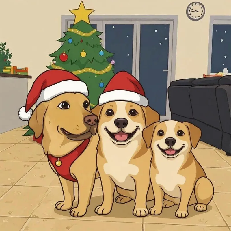 Un’illustrazione di tre cani con cappelli rossi da Babbo Natale davanti a un albero di Natale
