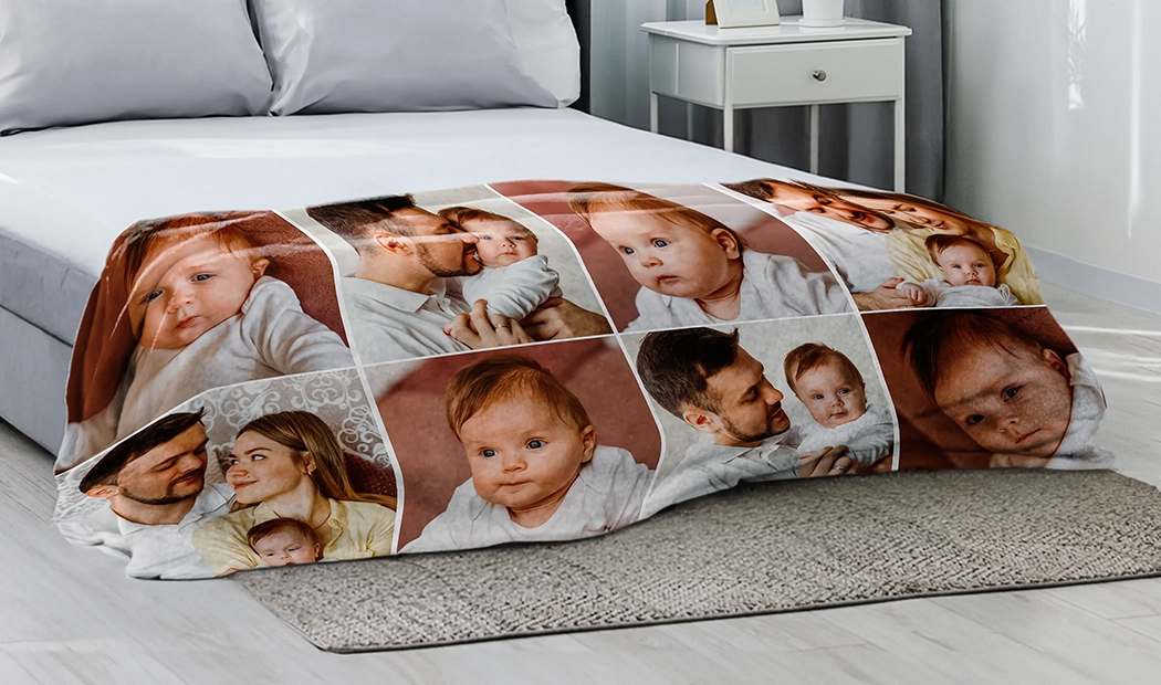 Coperta Fotografica Tocco di Vison da Printerpix|Coperte Personalizzate|Grande coperta fotografica su letto matrimoniale con foto di ragazza|Immagine della coperta fotografica con confronto delle dimensioni|Immagine collage in bianco e nero della coperta fotografica||||||
