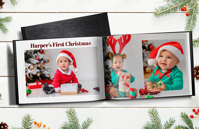 Libri fotografici personalizzati con copertina rigida di Printerpix|Libro fotografico|Album fotografico personalizzato con immagini romantiche di una coppia e copertina fotografica|Album fotografico di famiglia con copertina stampata personalizzata e nome della famiglia|Animale domestico e donna che guardano album fotografico di famiglia personalizzato con design su misura|Due persone che guardano libro fotografico personalizzato di Printerpix con foto di matrimonio e sposa