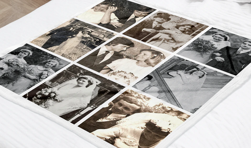 Coperta Fotografica Tocco di Vison di Printerpix|Coperte Fotografiche|Grande coperta fotografica su letto matrimoniale con foto di ragazza|Immagine della coperta fotografica con confronto delle dimensioni|Immagine collage in bianco e nero della coperta fotografica||||||