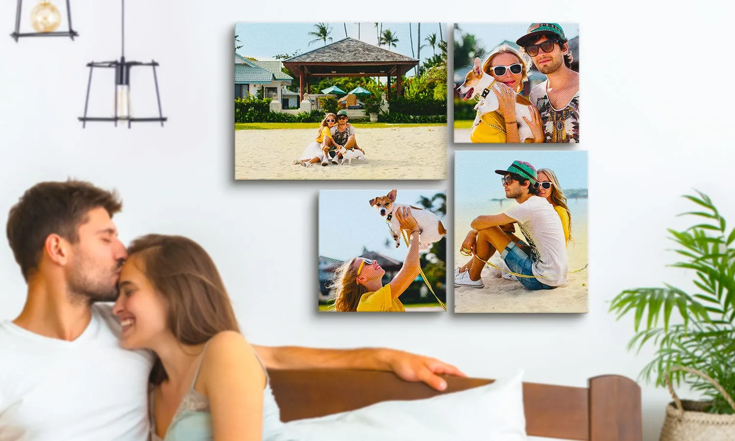 Parete con 6 tele di dimensioni diverse, etichettate con le dimensioni, di varie foto di famiglia