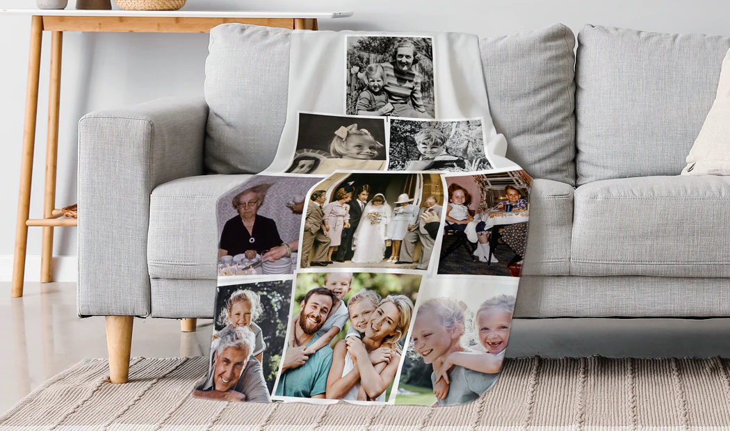 Coperta Fotografica Tocco di Vison di Printerpix|Coperte Fotografiche|Grande coperta fotografica su letto matrimoniale con foto di ragazza|Immagine della coperta fotografica con confronto delle dimensioni|Immagine collage in bianco e nero della coperta fotografica||||||