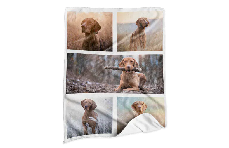 Primo piano della coperta per cani personalizzata di printerpix con tessuto in pile e foto di bambino e cane