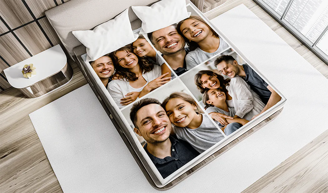 Coperta Fotografica Tocco di Vison da Printerpix|Coperte Personalizzate|Grande coperta fotografica su letto matrimoniale con foto di ragazza|Immagine della coperta fotografica con confronto delle dimensioni|Immagine collage in bianco e nero della coperta fotografica