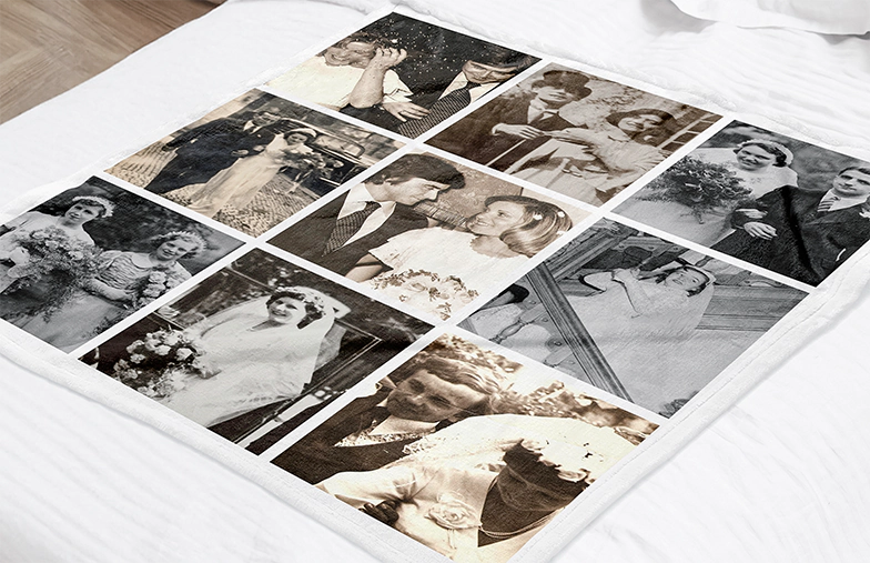 Coperta Fotografica Tocco di Vison da Printerpix|Coperte Personalizzate|Grande coperta fotografica su letto matrimoniale con foto di ragazza|Immagine della coperta fotografica con confronto delle dimensioni|Immagine collage in bianco e nero della coperta fotografica