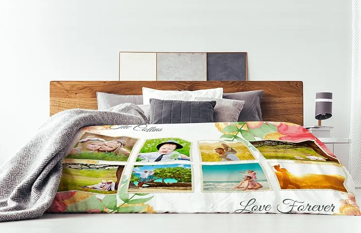Grande coperta personalizzata toque di vison su letto matrimoniale con collage di foto di famiglia