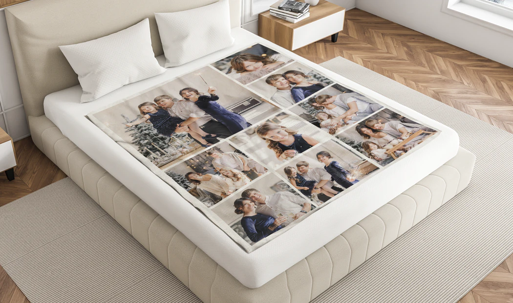 Grande coperta fotografica su letto matrimoniale con foto di ragazza