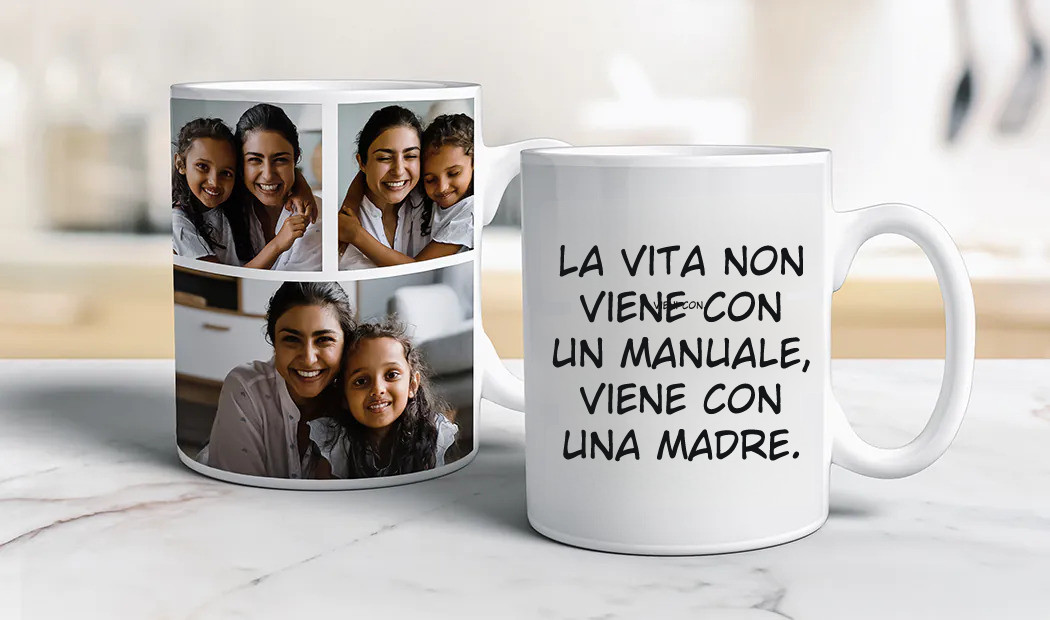 Tazza foto personalizzata con immagine di bambino che gattona indossando una tutina da animale