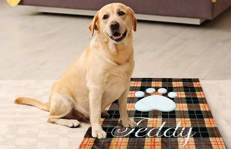 Cane labrador su coperta personalizzata con nome del cane e design di impronte