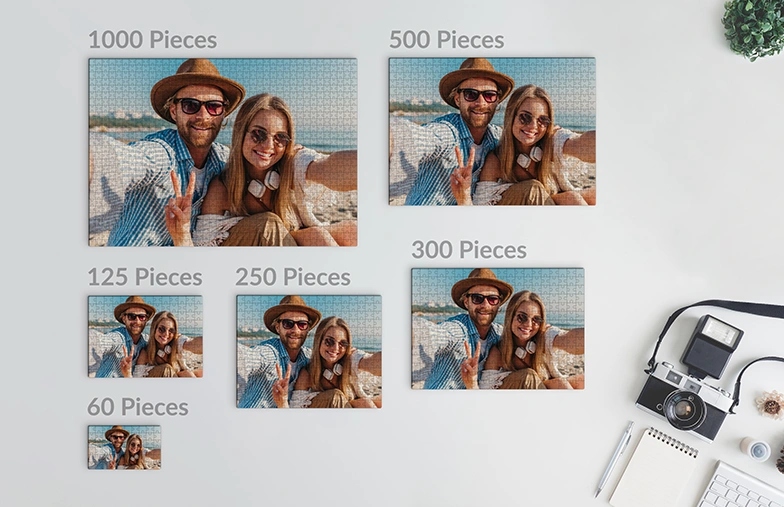 Puzzle fotografici personalizzati: crea il tuo da 60 a 1000 pezzi. Esempio di scena sulla spiaggia mostrato.
