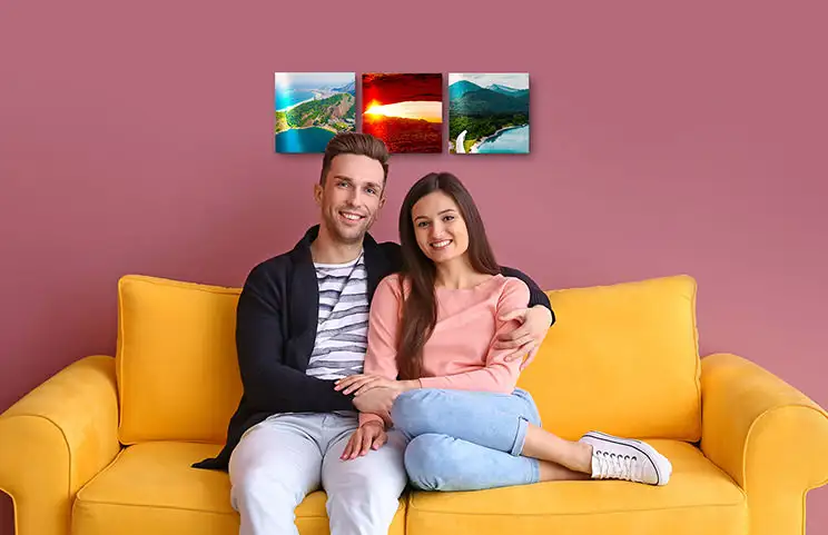 tre stampe fotografiche su pannelli metallici con foto di paesaggi