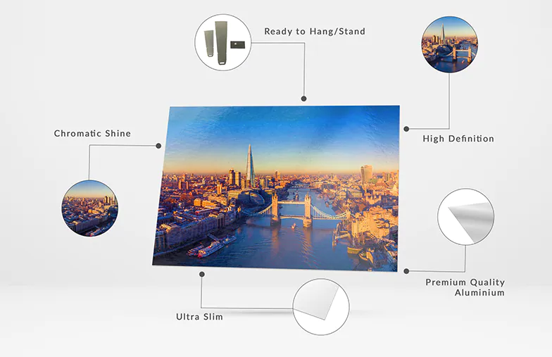 Stampa straordinaria dello skyline di Londra personalizzata su alluminio premium ultra-sottile. Immagine ad alta definizione con lucentezza cromatica. Pronto da appendere.