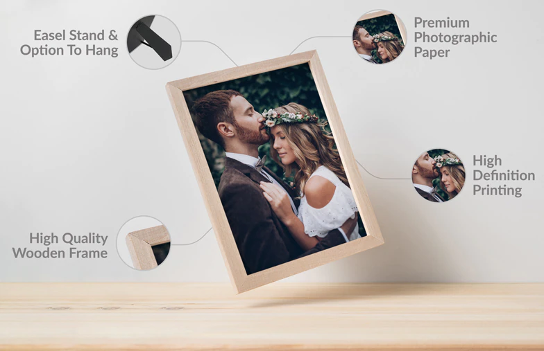 Stampa fotografica personalizzata in una cornice di legno di alta qualità, con supporto a cavalletto o opzione di sospensione. Carta premium e stampa ad alta definizione.