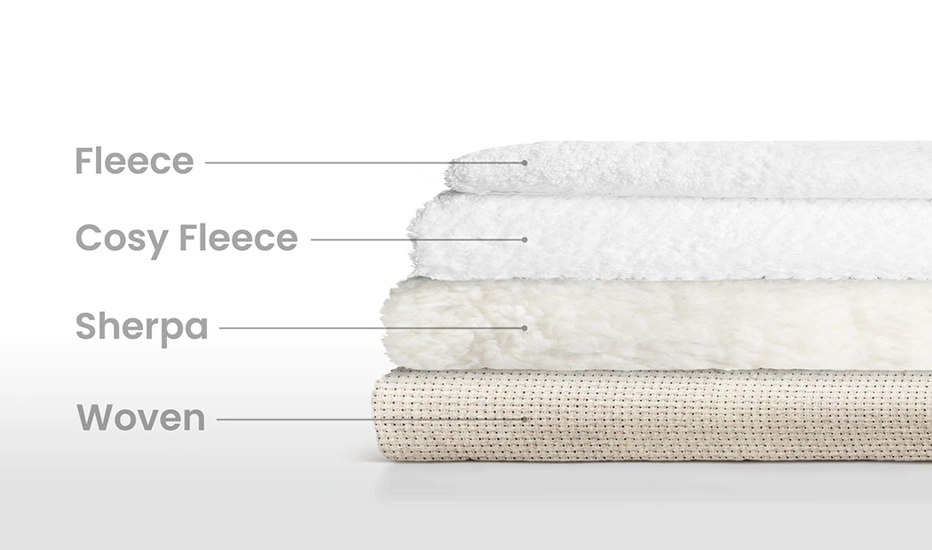Strati di pile, pile accogliente, sherpa e tessuto intrecciato. Comfort personalizzato e accogliente.