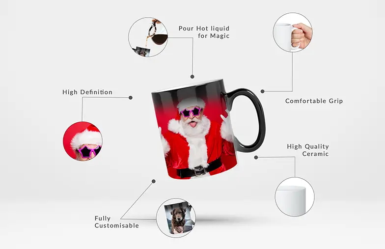 Tazza magica personalizzata: Design di Babbo Natale ad alta definizione rivelato con bevande calde. Completamente personalizzabile, ceramica di alta qualità.