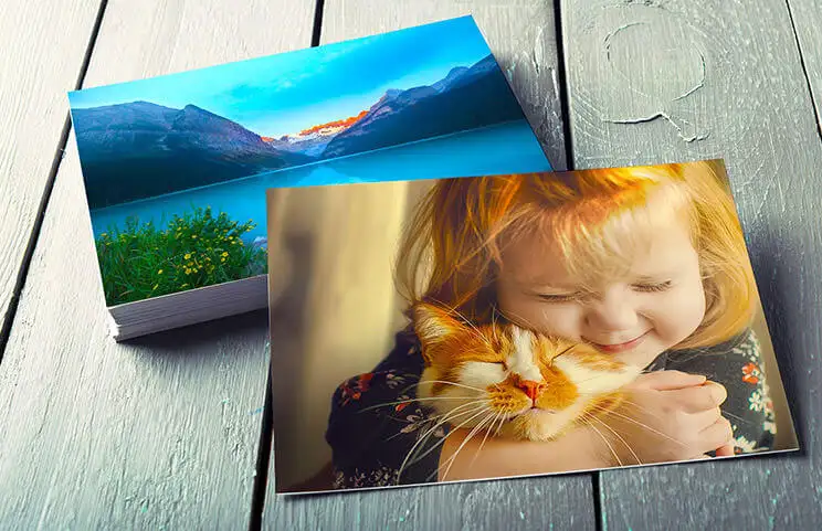 Pila di stampe fotografiche di famiglia di ragazza e gatto dal servizio di stampa fotografica