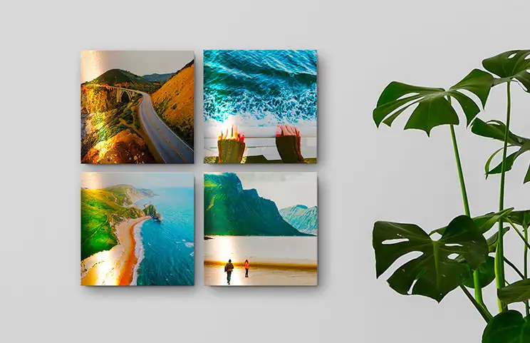 quattro stampe fotografiche su pannelli metallici con foto di vacanze