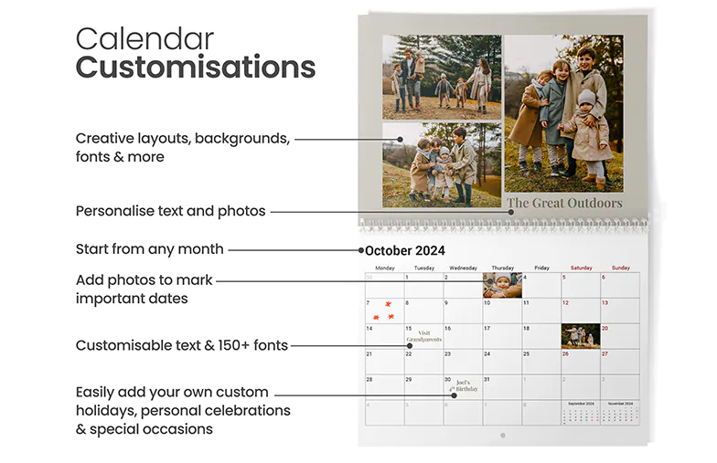 Calendario personalizzato 2025: aggiungi le tue foto ed eventi, scegli tra oltre 150 caratteri e layout creativi. Crea il tuo anno perfetto!