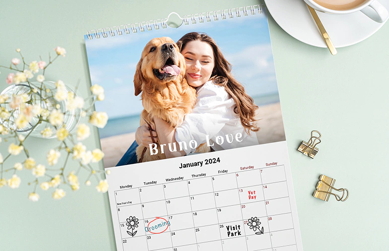 Coppia romantica in soggiorno con calendario da parete 2020 personalizzato con foto di proposta