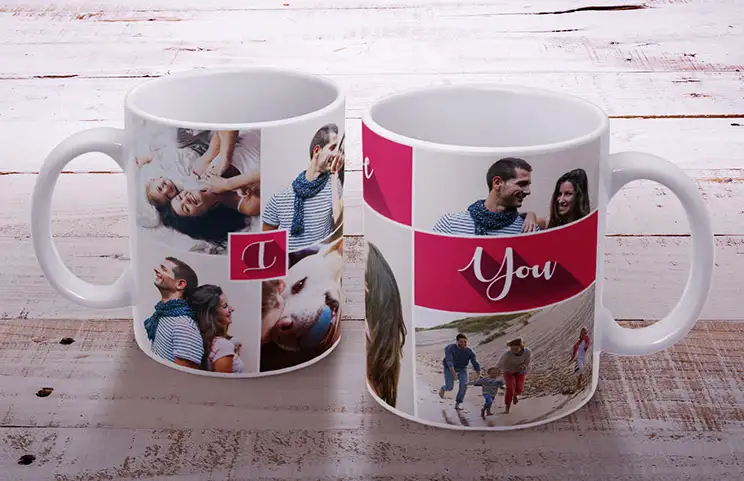 Due tazze fotografiche personalizzate con immagini e testo a tema romantico e familiare