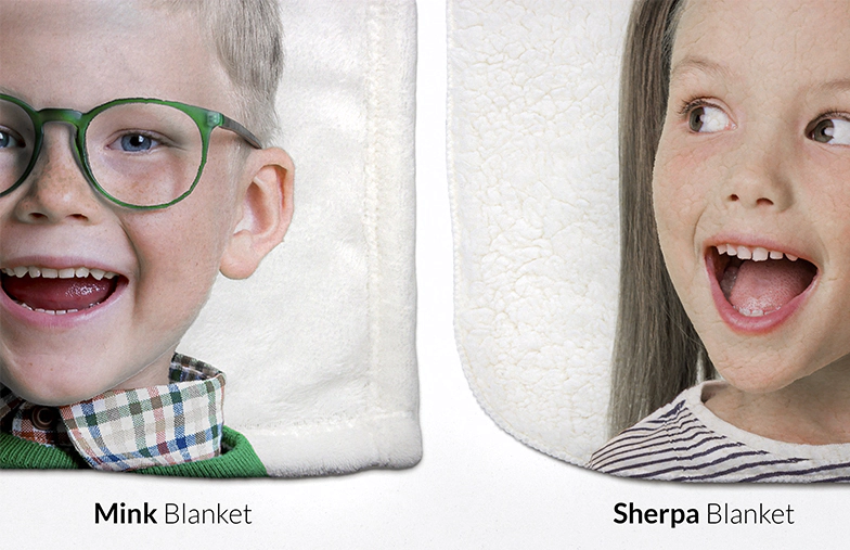 Coperte in mink e sherpa personalizzate: volti di bambini stampati su tessuto super morbido. Regali unici!